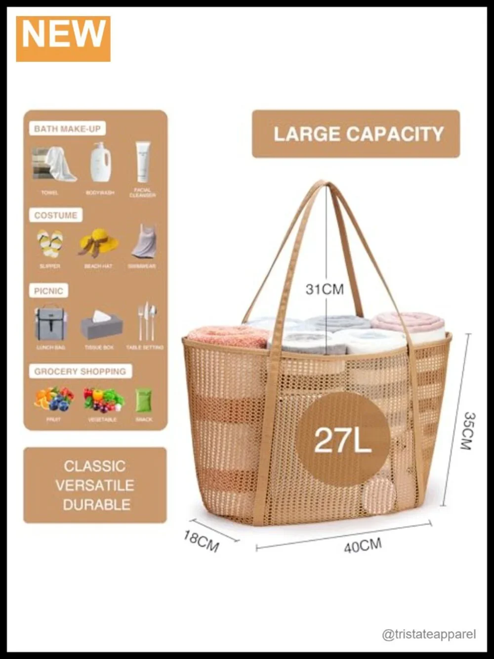 Upgrade Beach Mesh Tote Bag 27L Large Shoulder Nylon Hobo Foldable Picnic